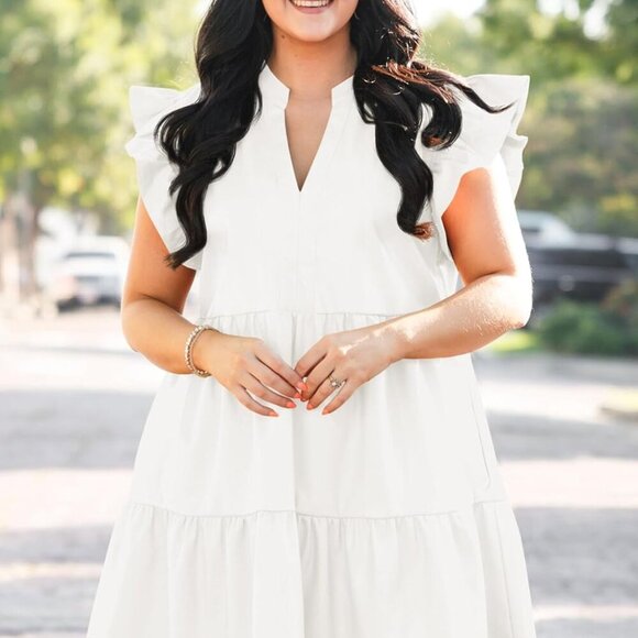 Plus Size Summer Dress Cotton Ruffle Short Sleeve V Neck Tiered Swing - Picture 2 of 5